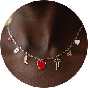 Unique Charm Necklace | Red Heart, Cherry, Bow, Poker, Boots & Lips.